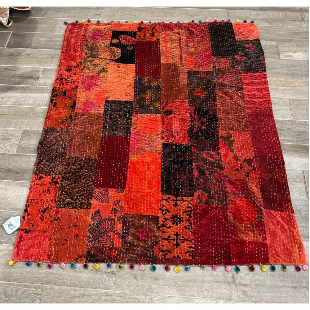 Karma Living Velvet Kantha Throw Blanket Red Orange Boho Patchwork Pom Pom 50x60